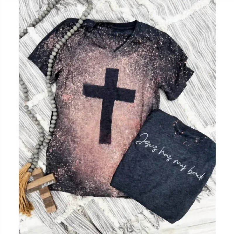 Jesus Has My Back Bleached V Neck Tee In Black