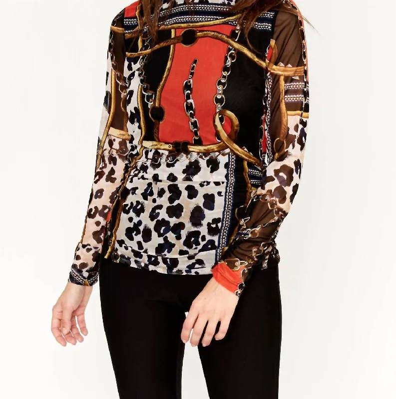 Mixed Print Top In Blk/orng