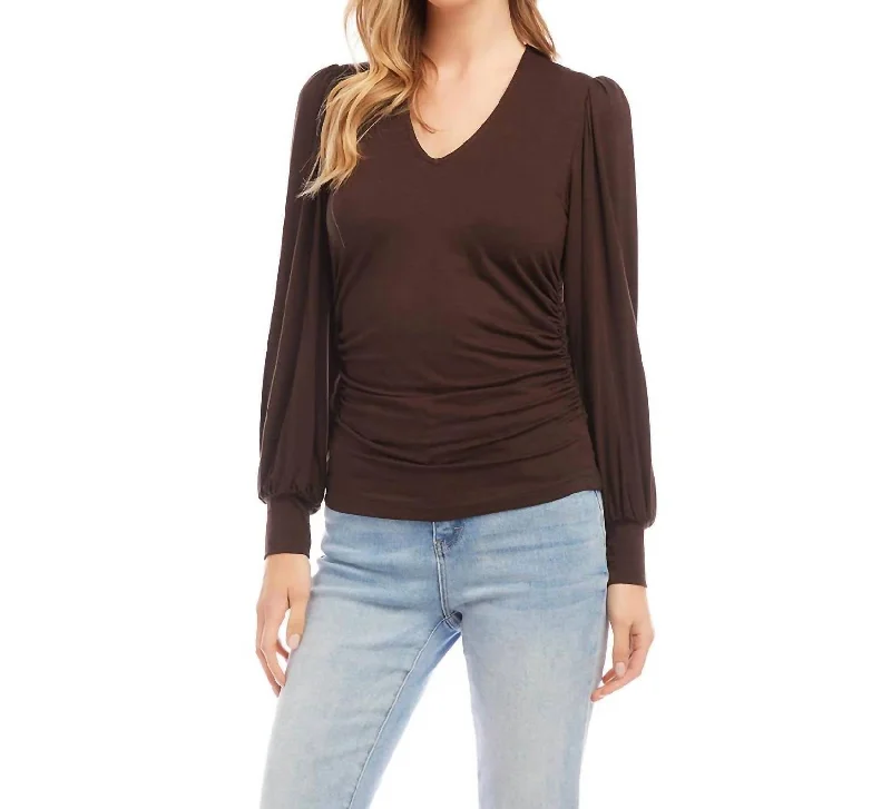 Shirred V-Neck Top In Brown