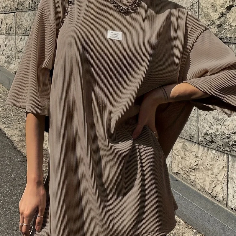 Sixsr Oversized Drop Shoulder Ribbed T-Shirt, Casual Crew Neck Short Sleeve T-Shirt For Spring & Summer, Women's Clothing