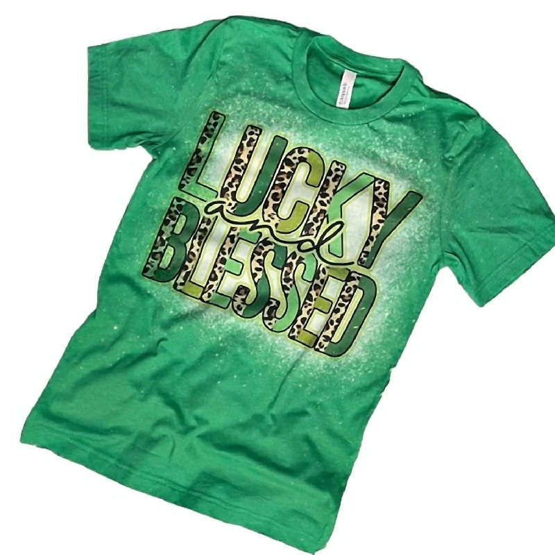 Women's Lucky And Blessed Green Bleached Tee