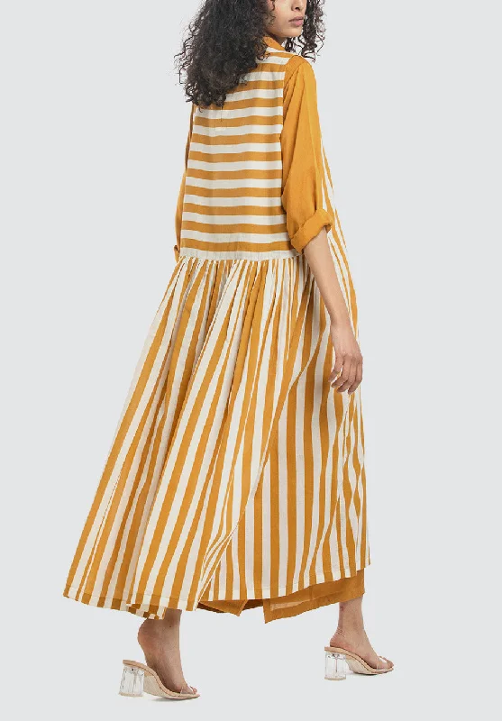 Side Gather Over Dress Co-Ord | Mustard Stripe