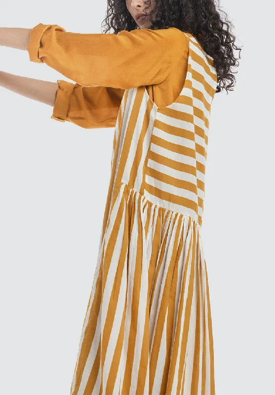 Side Gather Over Dress Co-Ord | Mustard Stripe