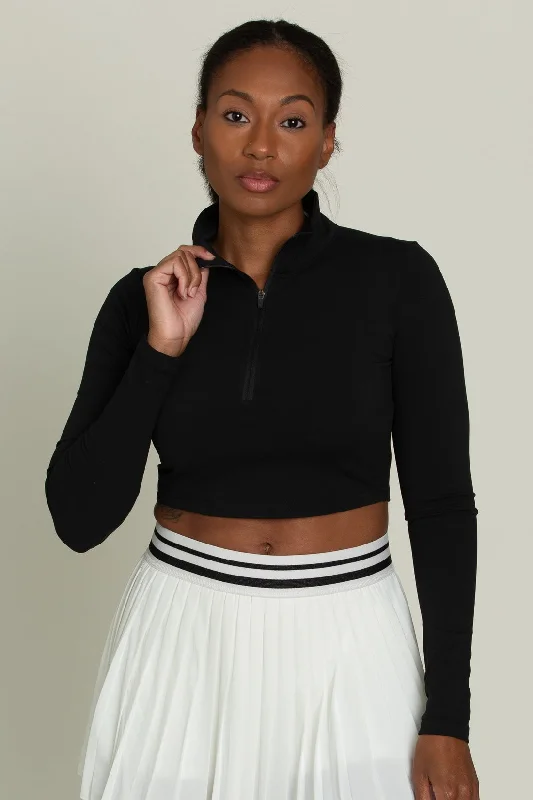 Black Athletic Half-Zip Crop Top