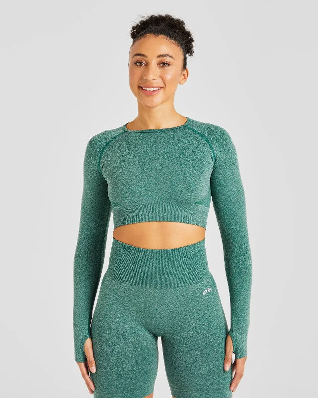 Empower Seamless Long Sleeve Crop Top - Forest Green Marl