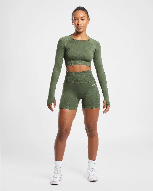 Empower Seamless Long Sleeve Crop Top - Khaki Green