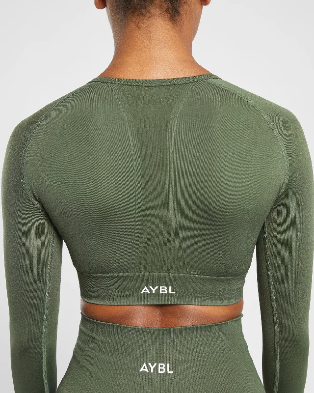 Empower Seamless Long Sleeve Crop Top - Khaki Green