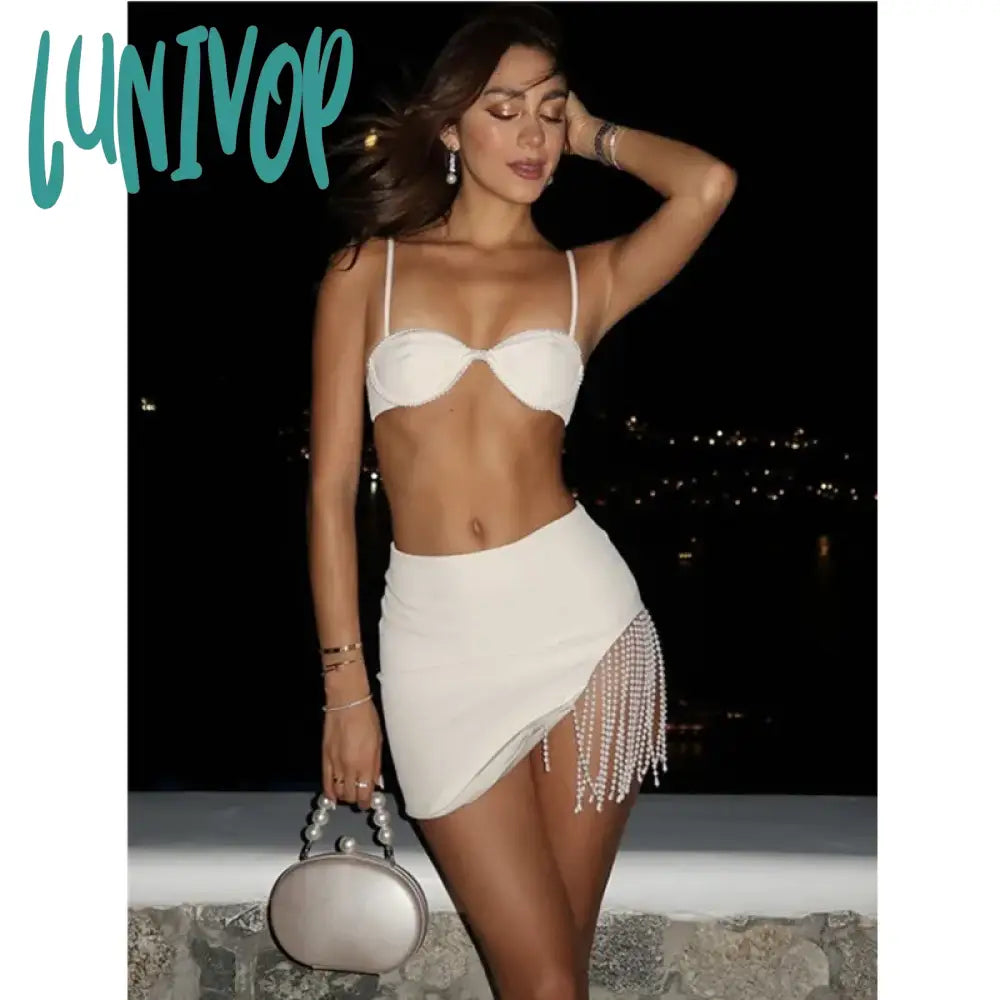 Lunivop Crop Top Women Summer Sexy V Neck Backless Pearl Tassel White Mini Bandage Skirt Set Knitted Elegant Evening Club Party Dress