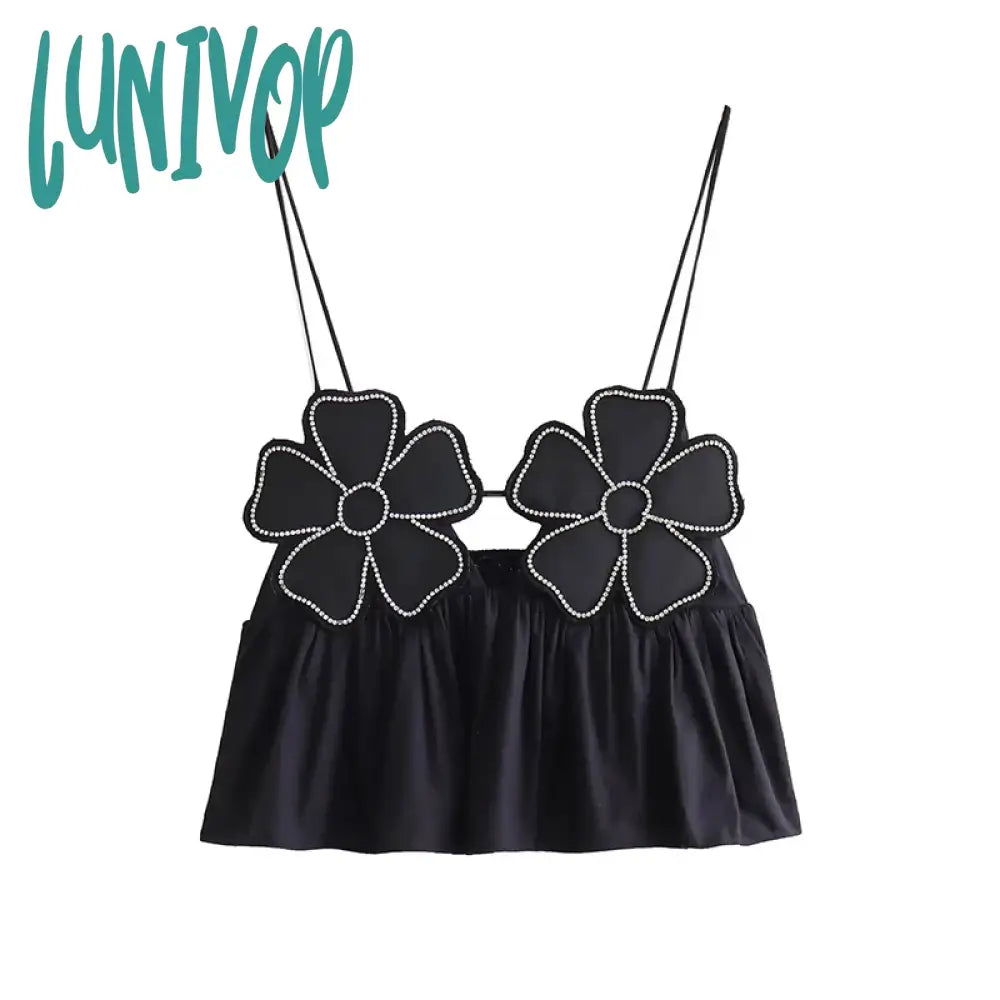 Lunivop Fashion Chic Black Floral Cropped Top Vest For Women Y2K Backless Suspender Tops Female Elegant Sexy Sleeveless Sling Streetwear