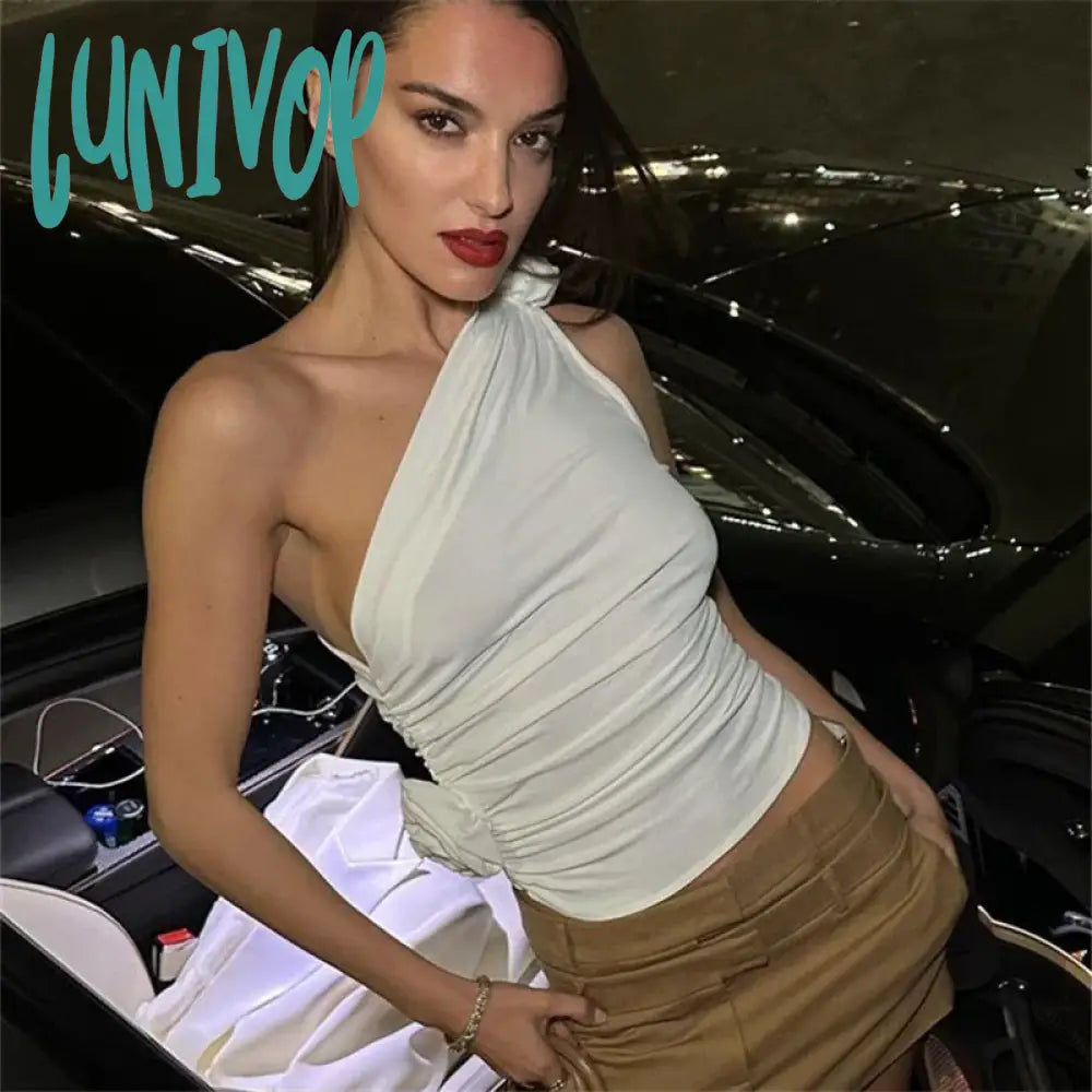 Lunivop Floral Applique Sexy Crop Tops for Women Summer Club Party Irregular Y2K Tank Tops White Sleeveless Ruched Elegant Tank TopWomen