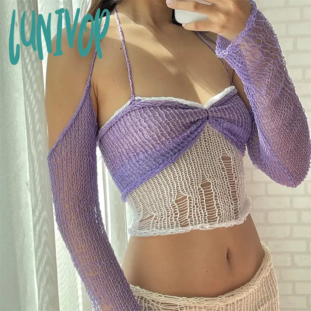 Lunivop Hollow Out Knit Beading Slim Tops for Women Y2K Sweet Halter Sexy Cropped Top Rave Festival Wrap Cami Top Summer Y2k Top