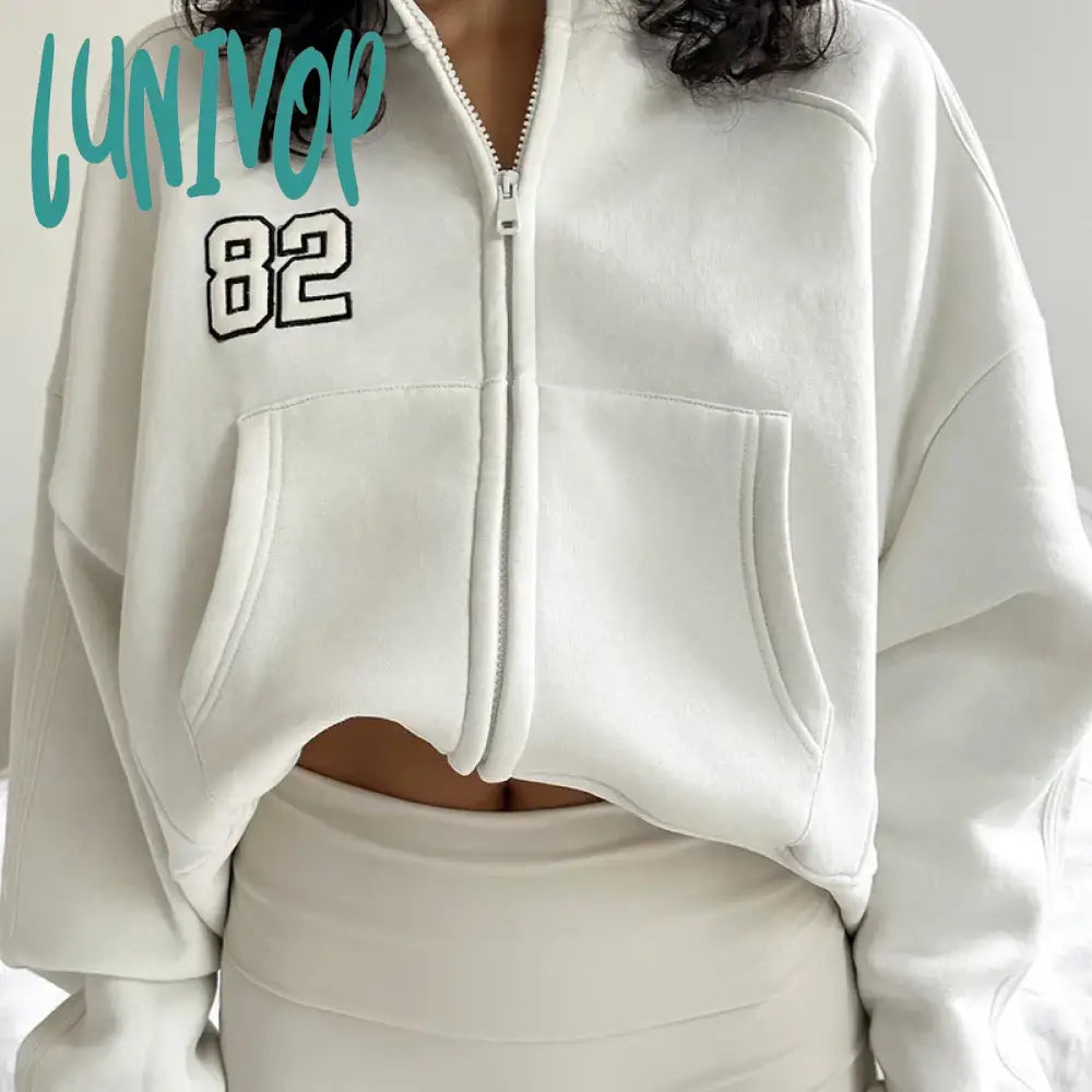 Lunivop Hooded Zip Up Crop Sweatshirt Women Streetwear Embroidery Hoodie Overfit Blank Outerwear Jacket Long Sleeve Tops Autumn