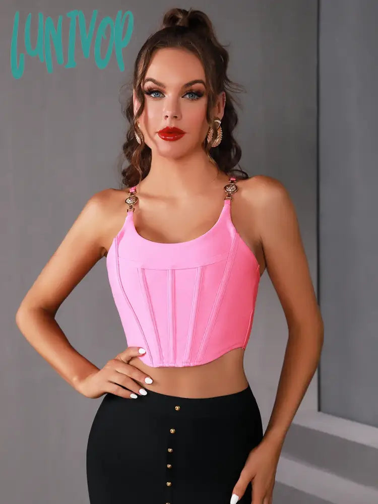 Lunivop Hot Women Summer Soild Sexy Sleeveless Backless Sequined Pink Camis Bandage Tops Celebrity Designer Fashion High Street Crop Top