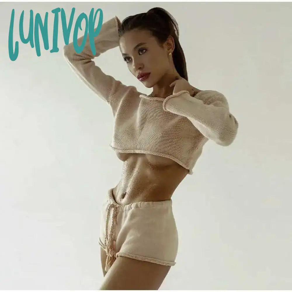 Lunivop Knit Stripe Crop Top Shorts Sets Women Sexy Long Sleeve Top Lace Up Shorts Female Suits Spring Summer Beach Lady Suit