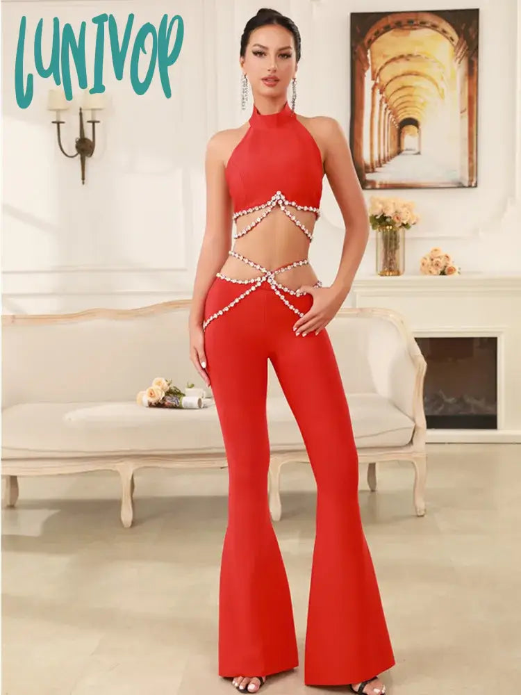 Lunivop Luxury Women Summer Sexy Cut Out Sleeveless Beading Red Flare Bandage Pants Set 2024 Elegant Crop Top Evening Club Party Outfits