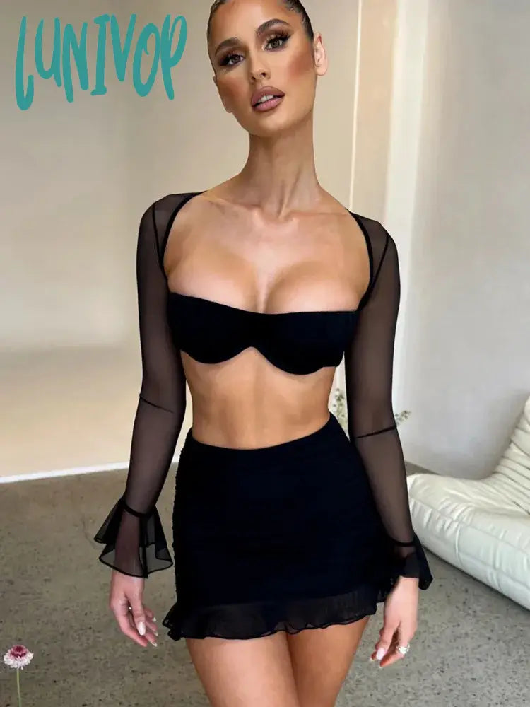 Lunivop Mesh Sexy Dress Set Women Strapless Full Sleeve Crop Top And Mini Skirt Matching Sets Female Club Party Two Piece Set