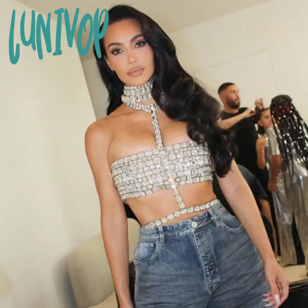 Lunivop Newest Luxury Women Summer Sexy Beading Beige Black Red Bandage Crop  Tops Fashion High Street Top