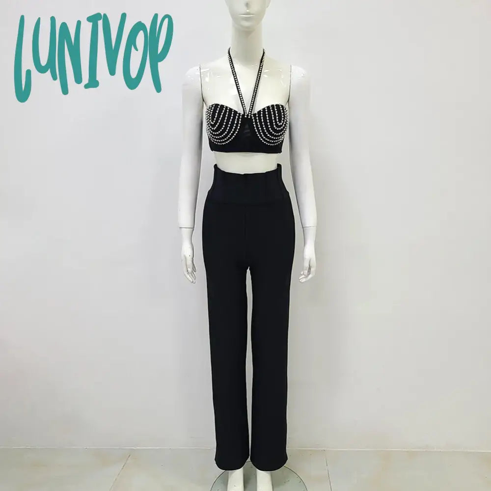 Lunivop Newest Women Summer Sexy Backless Halter Diamonds Crystal Black Pants Bandage Set  Crop Top Fashion Women's Set