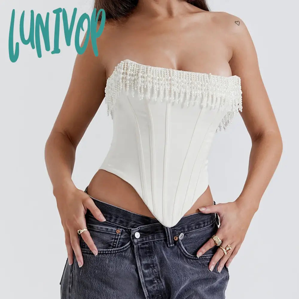 Lunivop Pearl Tassel Sexy Slim Corset Women 2024 New Strapless Backless Irregular Cropped Tops Summer Street Fashion Sleeveless Camis