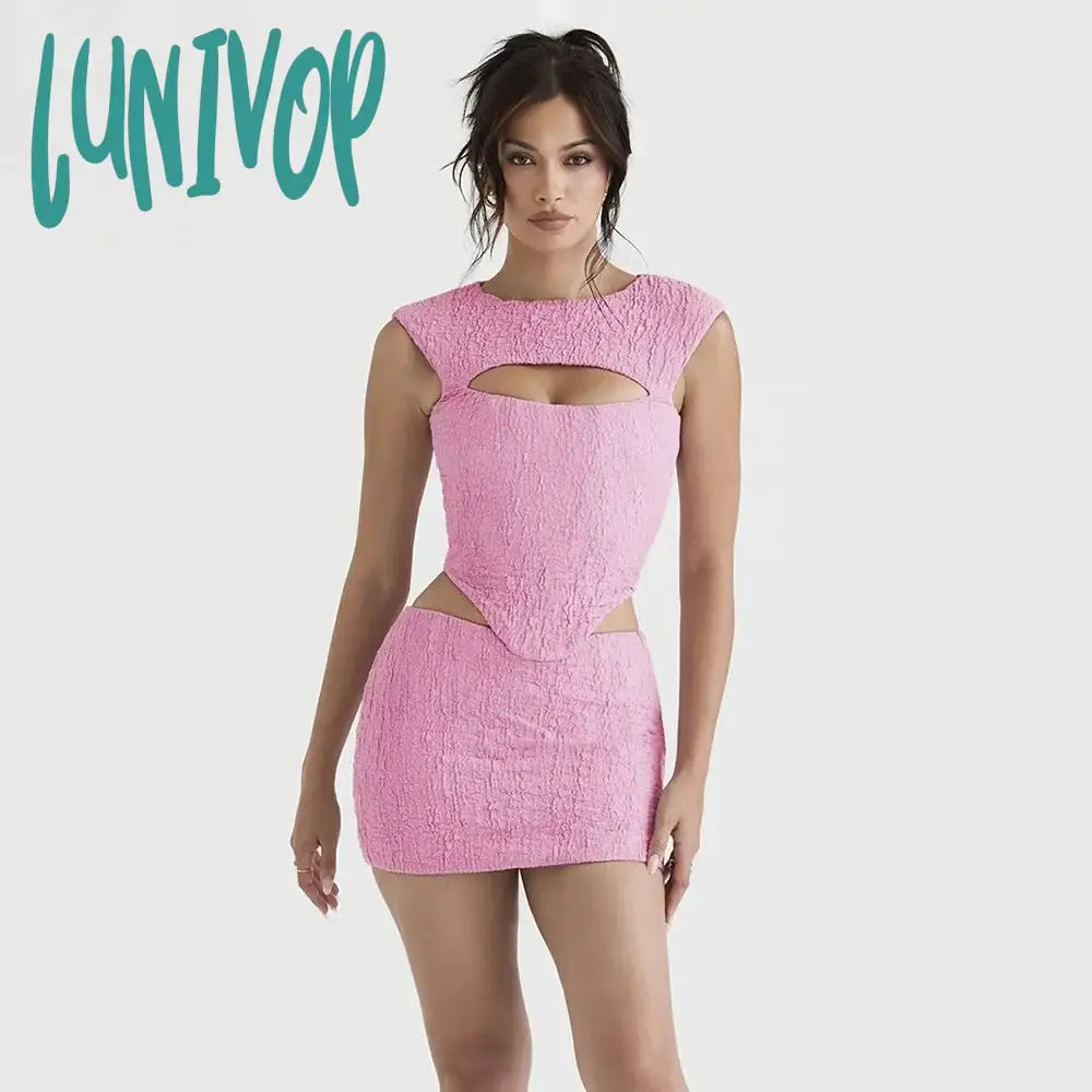 Lunivop Pink Sleeveless 2 Piece Dress Set Sexy Cut Out Holiday Party Dresses Casual Cropped Top and Mini Skirt Women