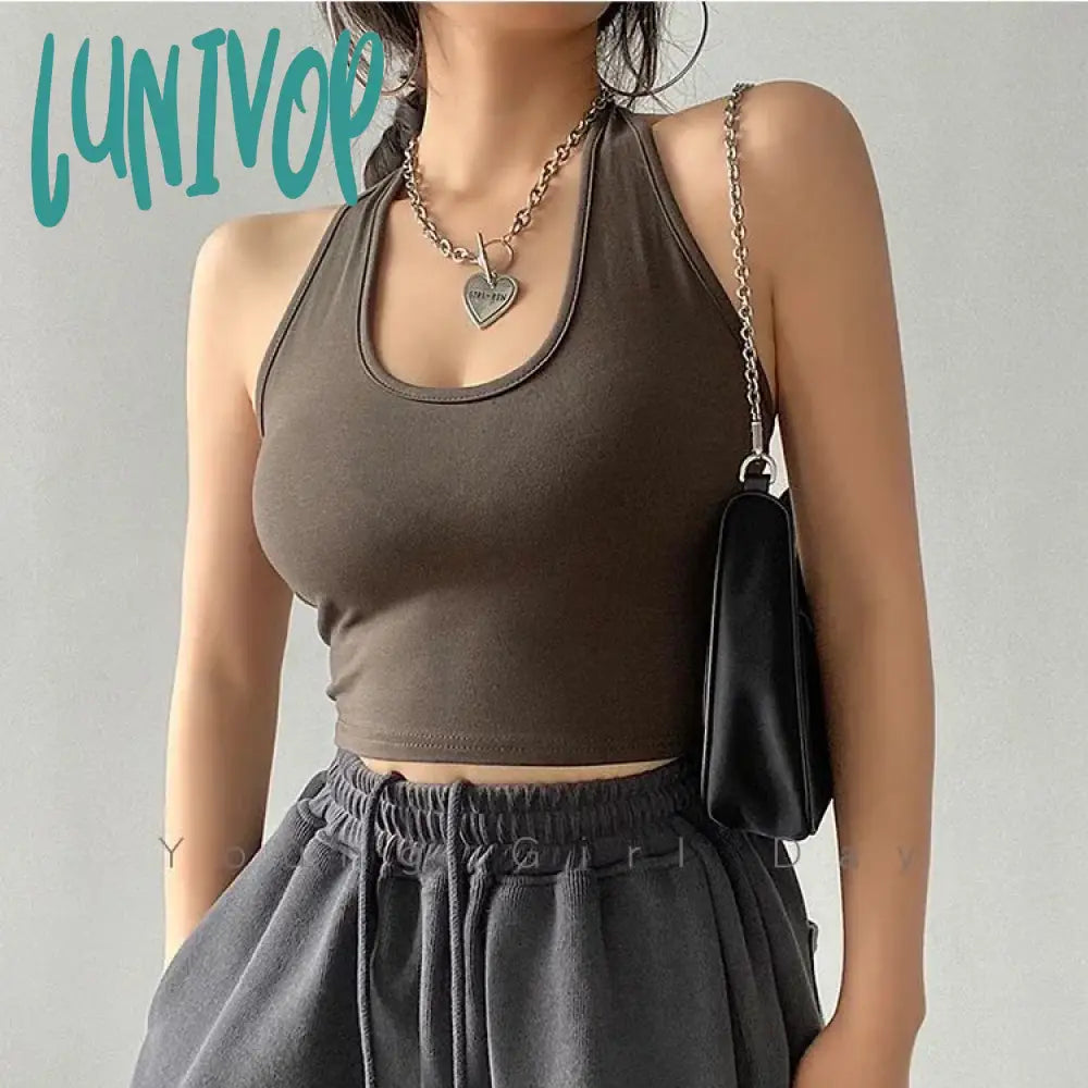 Lunivop Solid Color Sexy Halter Top Women Sleeveless Hanging Neck Crop Tops Casual Basic Slim Backless Tank Top Female Summer