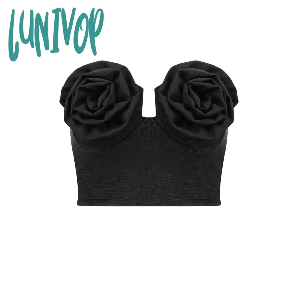 Lunivop Solid Women Summer Sexy Strapless Backless Flower Black Bandage Tops  Fashion High Street Crop Top