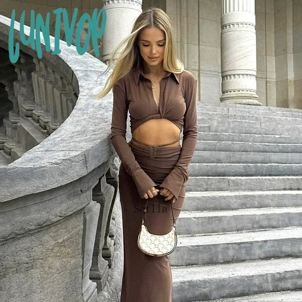 Lunivop Twist Long Sleeve Crop Top and Drawstring Maxi Bodycon Skirt Two Piece Set Women Autumn Sexy Skinny Party Club OutfitsSkirt Sets