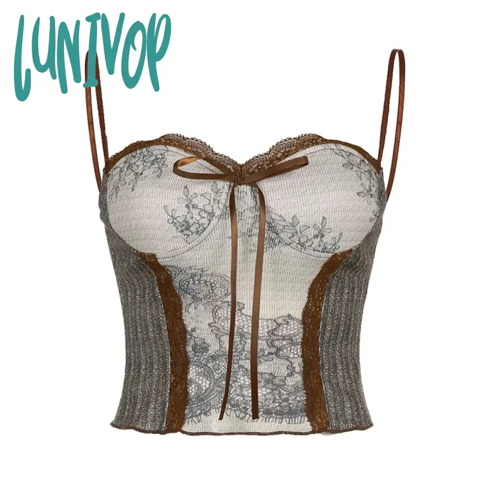 Lunivop Woman Patchwork Camisole Tank Contrast Color Jacquard Top Crop Korean Tops Corset Gauze Chic Top Sexy Hot Gyaru Kpop Y2K