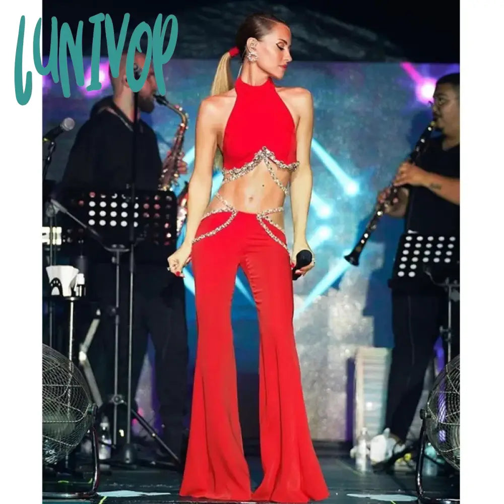 Lunivop Women Luxury Sexy Rhinestone Crystal Beading Red Two Piece Pants Bandage Set  Fashion Women's Set Crop Top