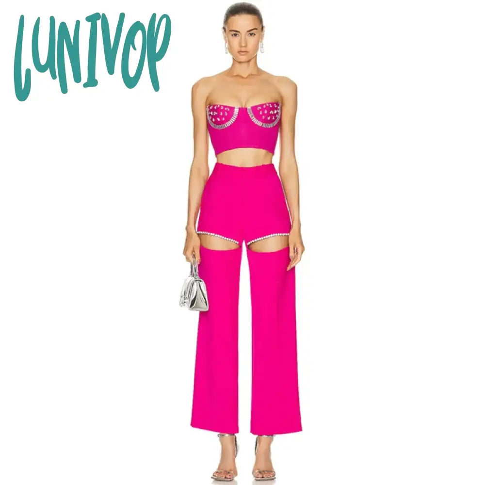 Lunivop Women Sexy Strapless Backless Pink Beading Two Pieces Crop Top Pants Bandage Set Celebrity Designer Fashion Women's Set