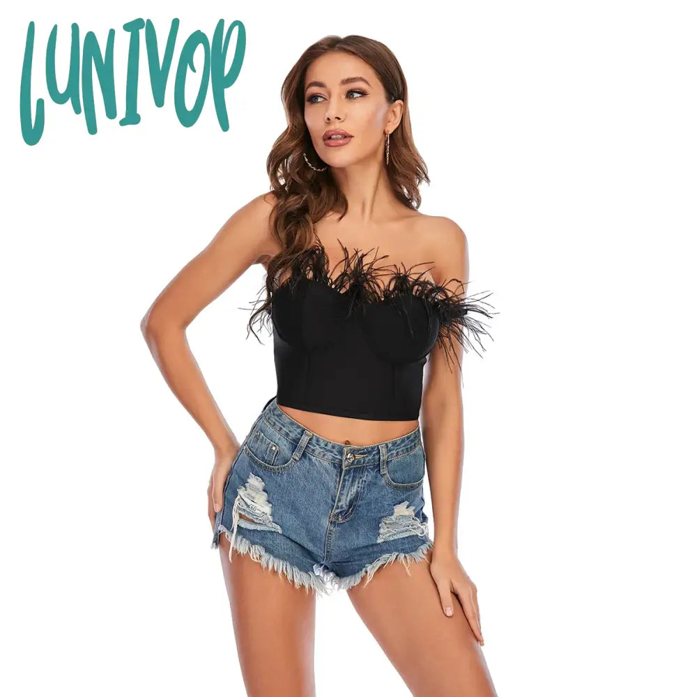 Lunivop Women Summer Fashion Sexy Strapless Backless Feather Black White Bandage Top Celebrity Designer Party Club  Crop Top Camis