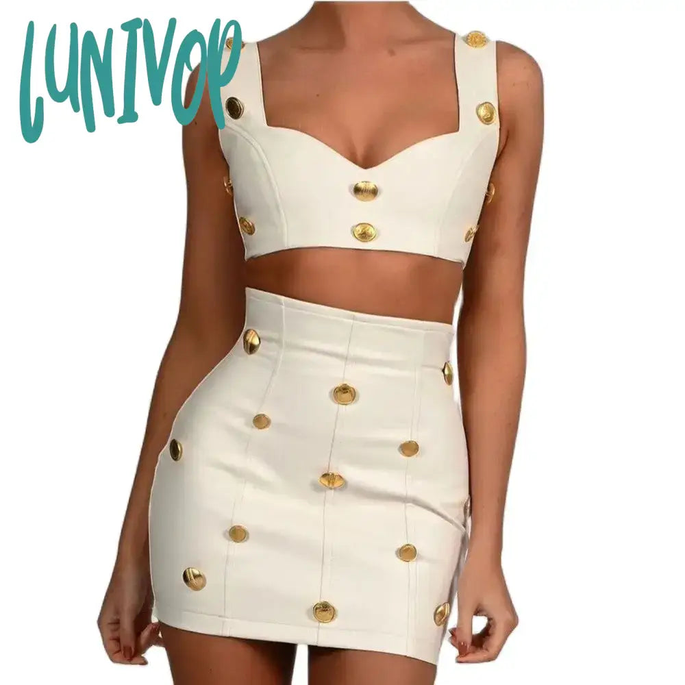 Lunivop Women Summer Sexy Sleeveless Backless Tank Button Leather PU Mini Bodycon Skirt Set Evening Club Party Outfits Crop Top