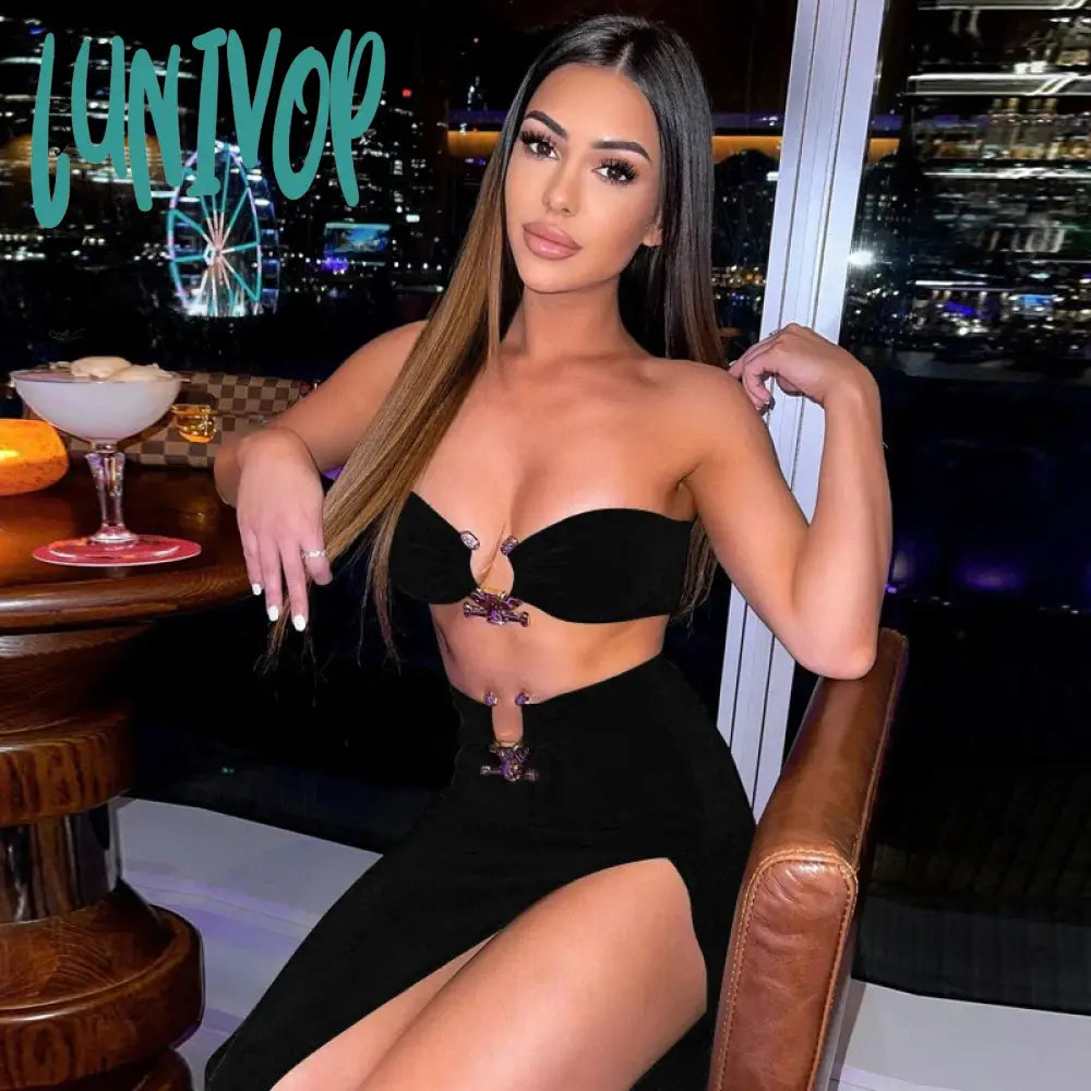 Lunivop Women Summer Sexy Strapless Backless Sequined Green Brown Black Two Piece Crop Top Bandage Set Celebrity Evening Party Women's Set