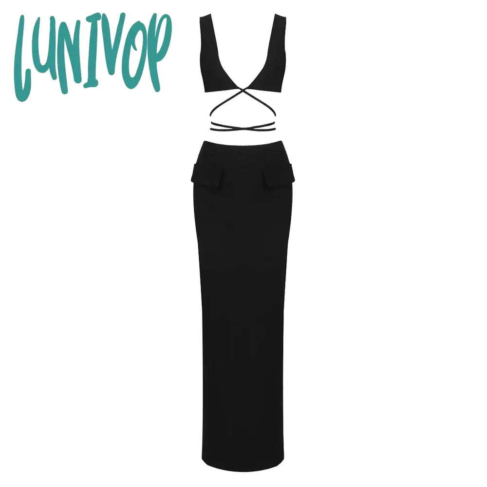 Lunivop Women Summer Sexy V Neck Red Black Two Piece Maxi Long Skirt Bandage Set  Evening Party Women's Skirt Set  Crop Top