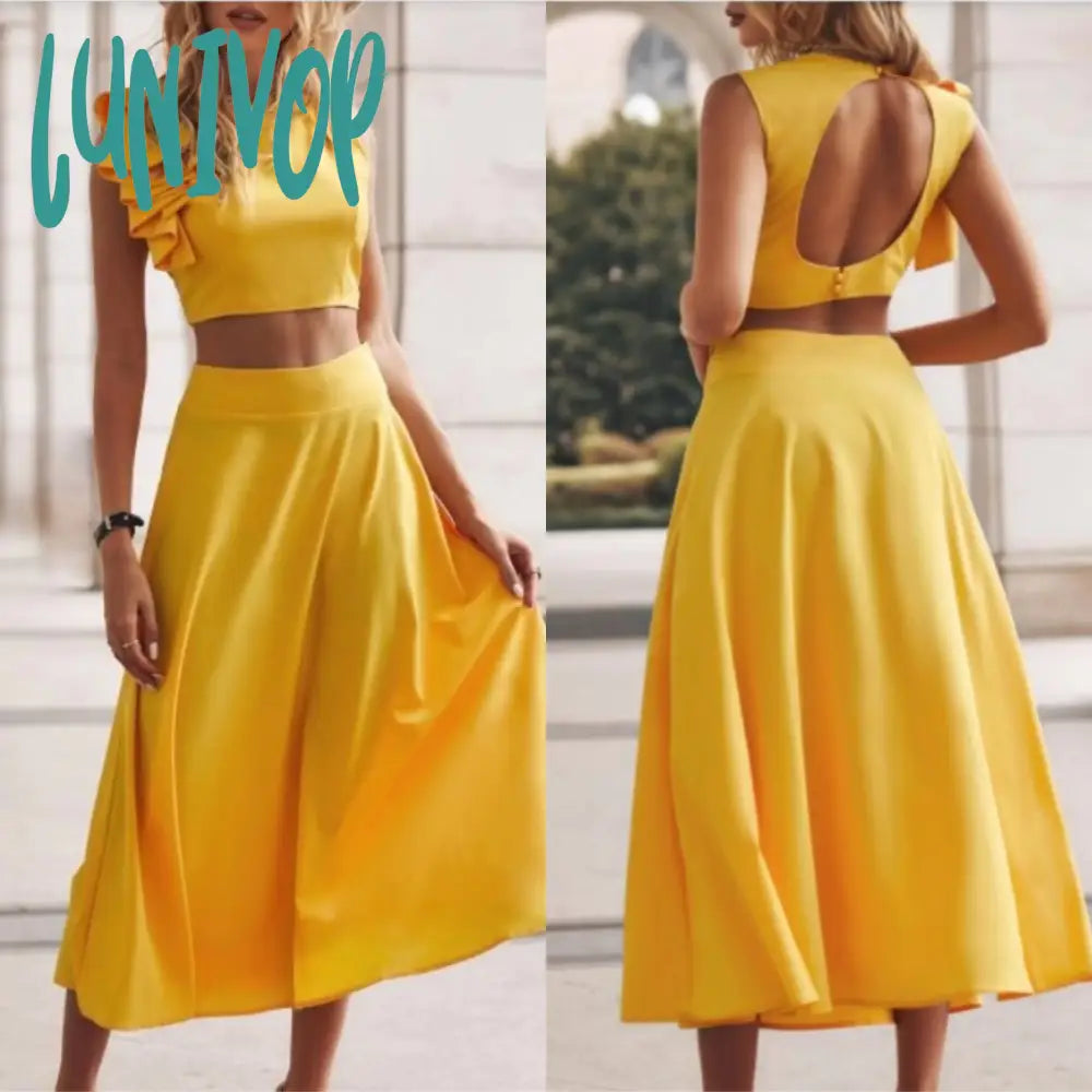 Lunivop Women's Suits Summer Sleeveless Crop Top+Skirt 2 Piece Set Elegant Yellow Woman's Clothes Solid color Skirt And Top Sets