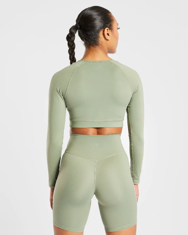 Staple Long Sleeve Crop Top - Olive Green