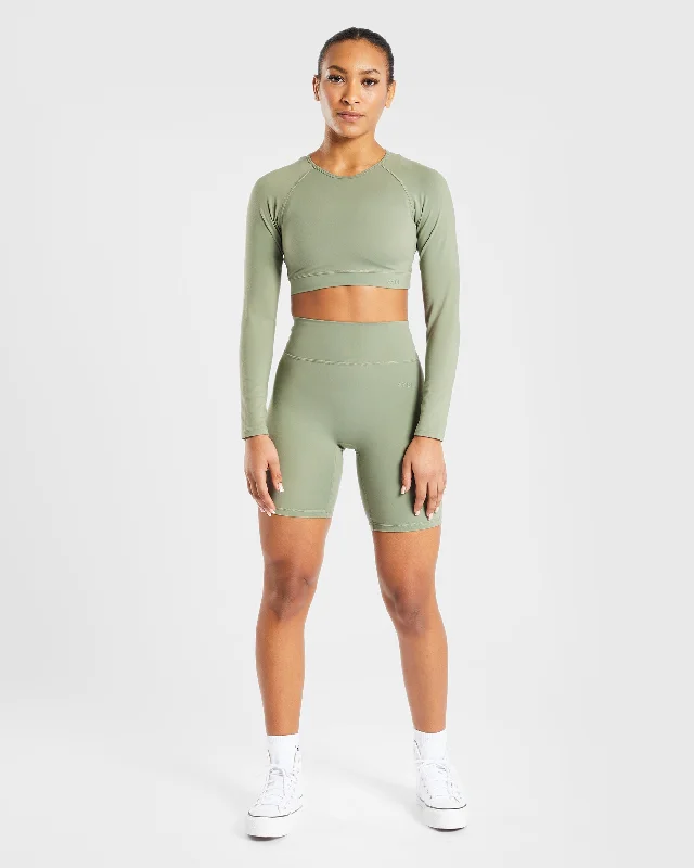 Staple Long Sleeve Crop Top - Olive Green