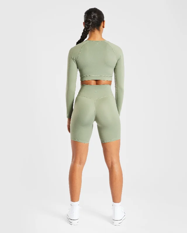 Staple Long Sleeve Crop Top - Olive Green