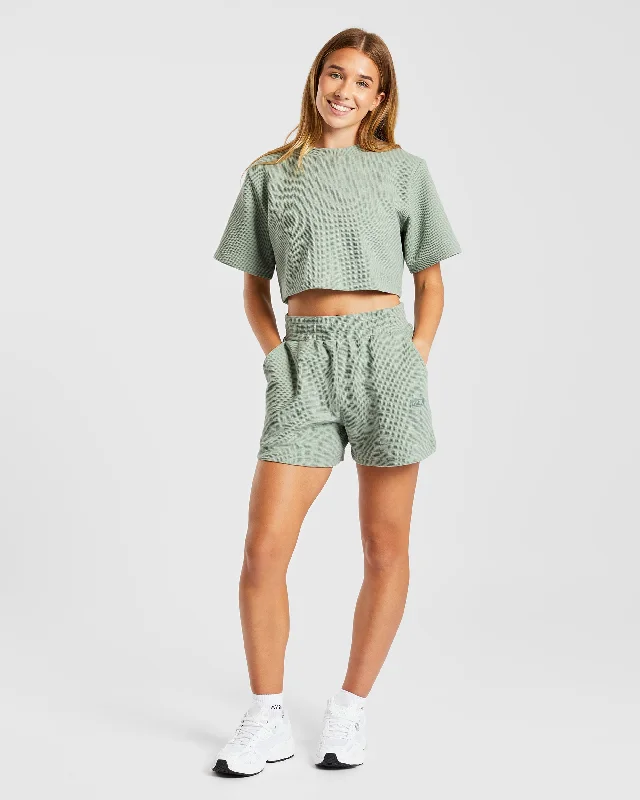 Waffle Boxy Crop Top - Sage Green