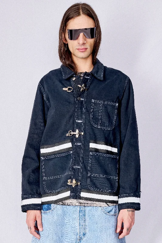 Black Contrast Stitch Denim Reflector Fireman Field Coat