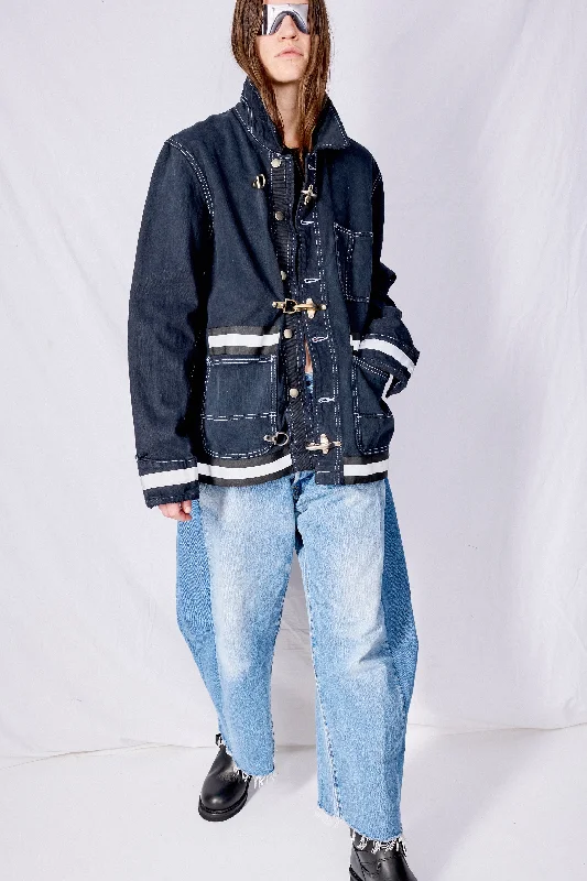 Black Contrast Stitch Denim Reflector Fireman Field Coat