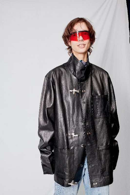 Black Leather Fireman Field Coat