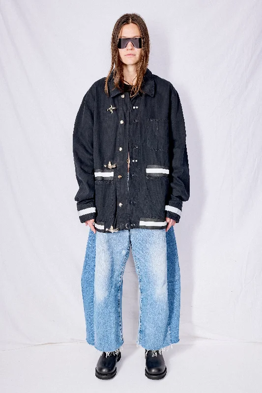 Black Railroad Denim Reflector Fireman Field Coat