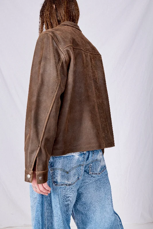 Brown Cracked Leather Zip Jacket