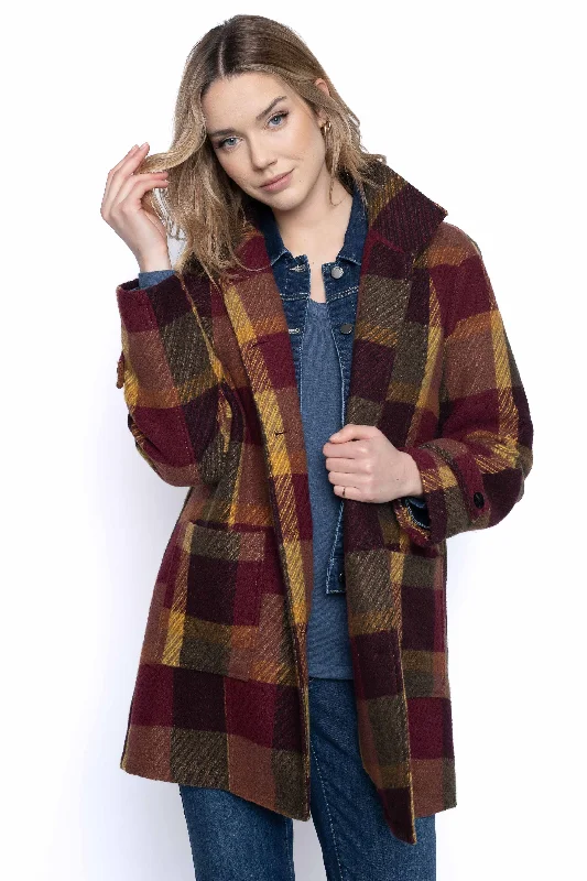 Button-Front Stand Collar Plaid Jacket