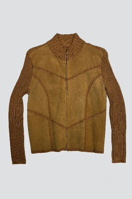 Camel Suede/Knit Stitched Zip Jacket