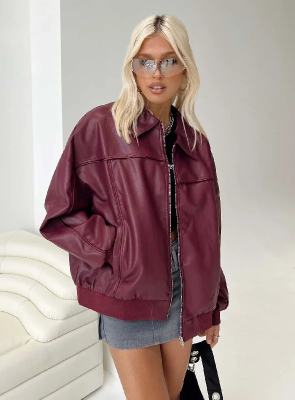 Goldsmith Faux Leather Bomber Jacket Burgundy