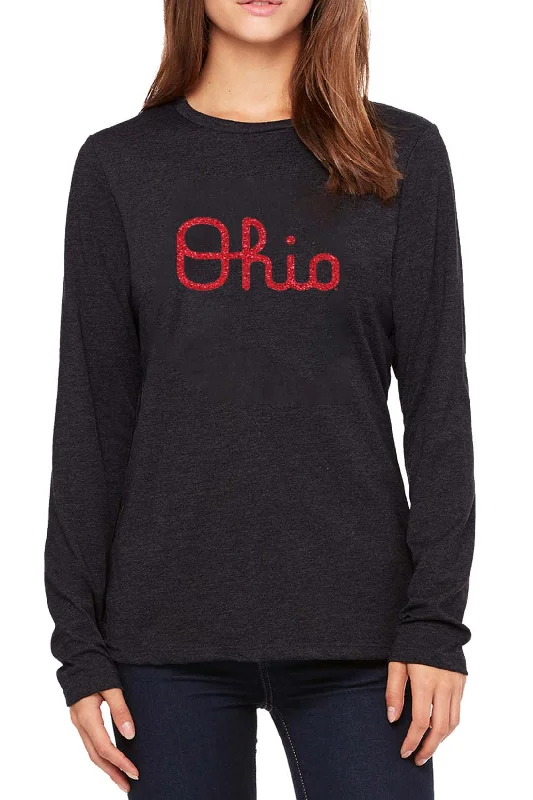 1209 - Script Ohio Glitter Print Long-sleeve Unisex Tee - Heather Black