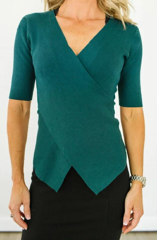 Faux Wrap Knit Top In Emerald Green