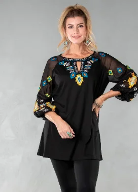 Florence Black Knit Embroidered Tunic Top